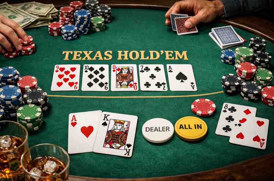 Mesa de Texas Hold'em com cartas e fichas disponível na plataforma 777F
