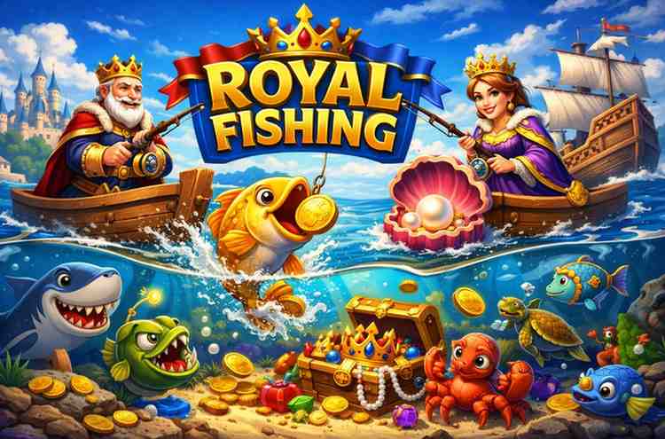 Jogo Royal Fishing com cenário aquático e peixes animados na plataforma 777F