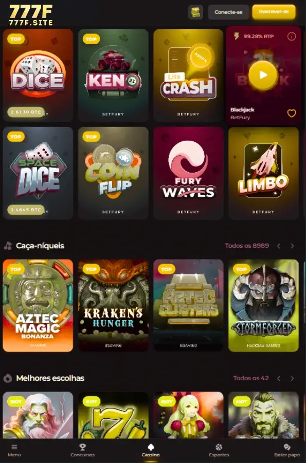 Aplicativo 777F exibido em smartphone com interface organizada