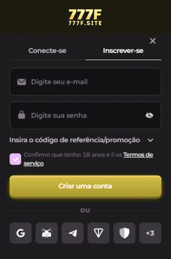 Página de registro da 777F com formulário simples e rápido